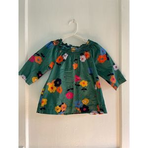 Hanna Andersson Top Smock Neck 3/4 Sleeve Floral Ladybug Green Girls Kids Size 4